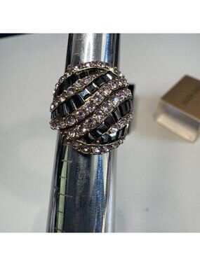 Heidi Daus Crystal Pave Art Deco Black & Pink Striped Stone Ring In Box